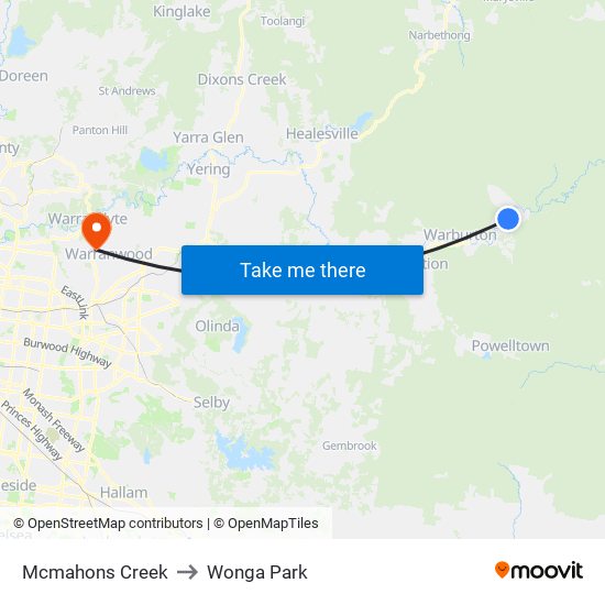 Mcmahons Creek to Wonga Park map