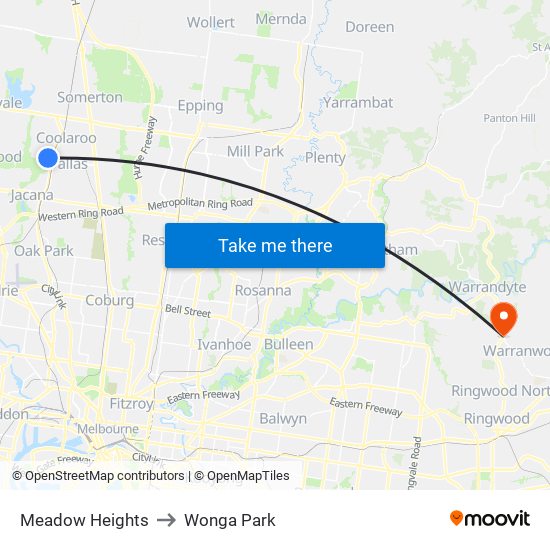 Meadow Heights to Wonga Park map