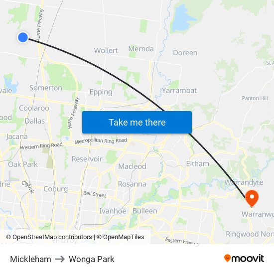 Mickleham to Wonga Park map