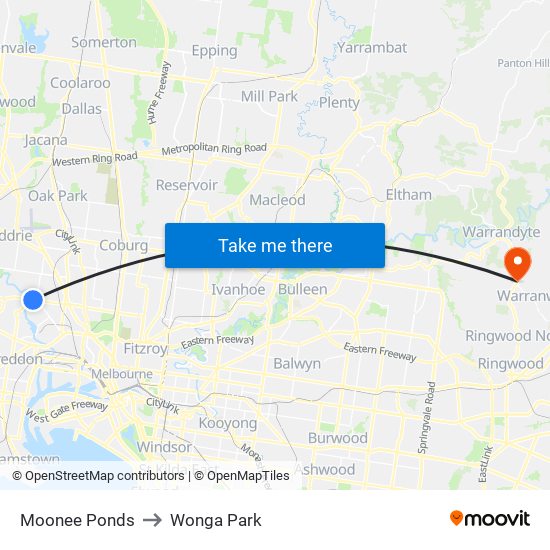 Moonee Ponds to Wonga Park map