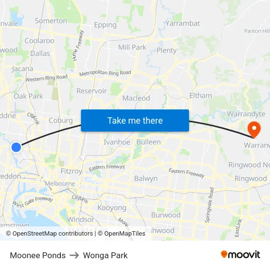 Moonee Ponds to Wonga Park map