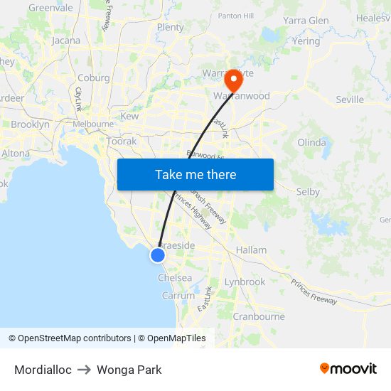 Mordialloc to Wonga Park map