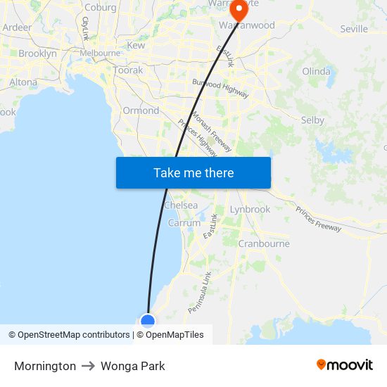 Mornington to Wonga Park map