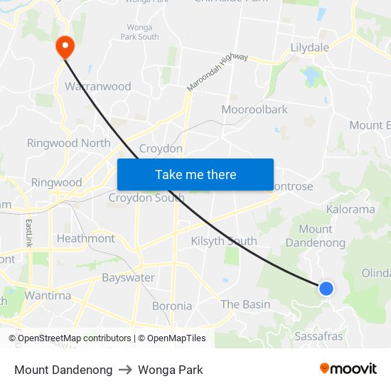 Mount Dandenong to Wonga Park map