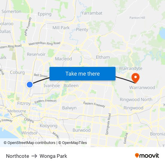 Northcote to Wonga Park map