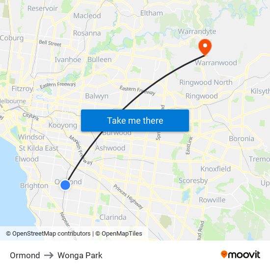 Ormond to Wonga Park map