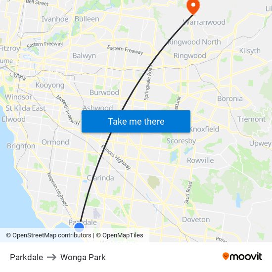 Parkdale to Wonga Park map