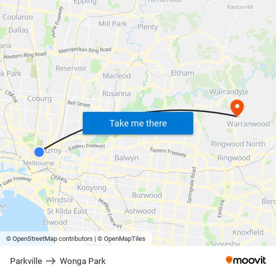 Parkville to Wonga Park map