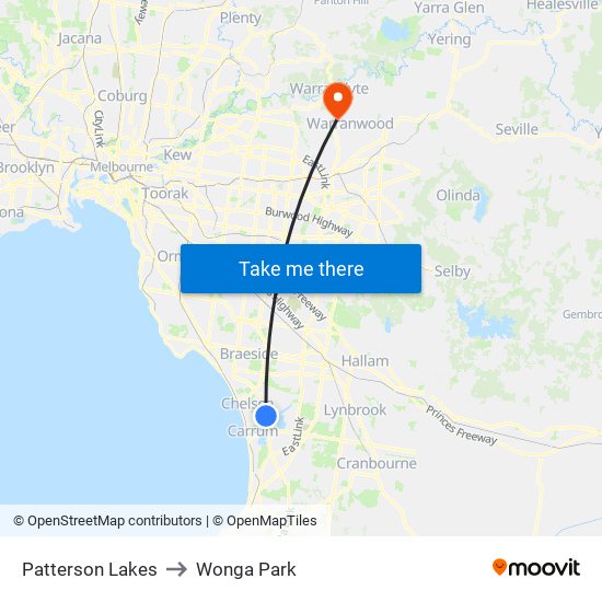 Patterson Lakes to Wonga Park map