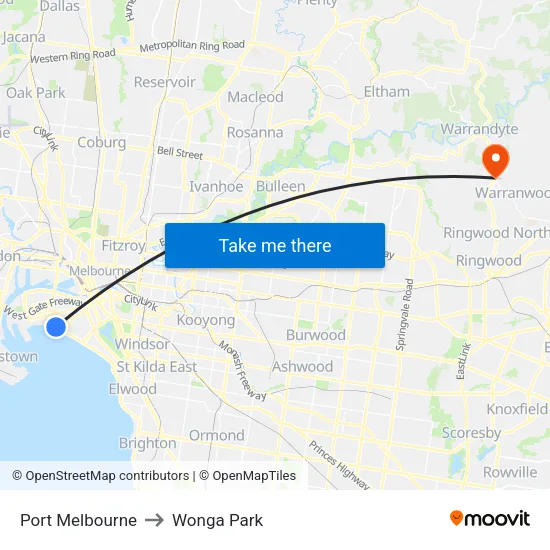 Port Melbourne to Wonga Park map