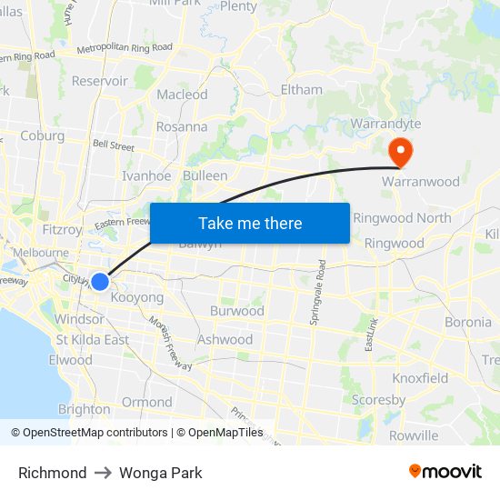 Richmond to Wonga Park map