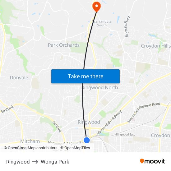 Ringwood to Wonga Park map