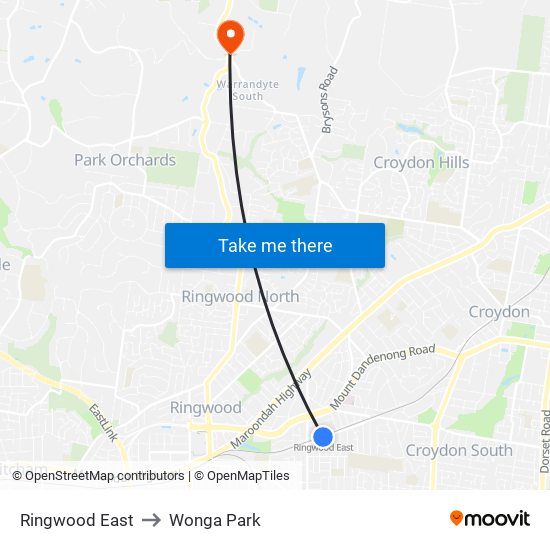 Ringwood East to Wonga Park map