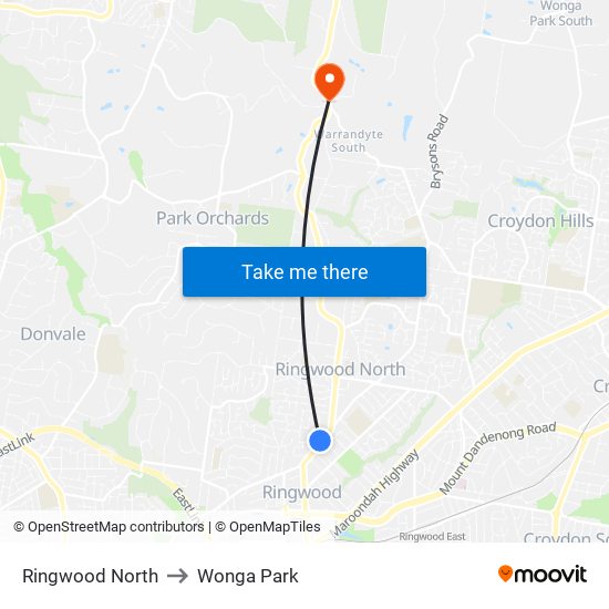 Ringwood North to Wonga Park map