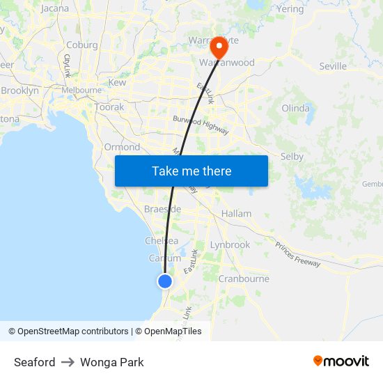 Seaford to Wonga Park map