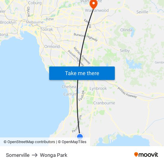 Somerville to Wonga Park map