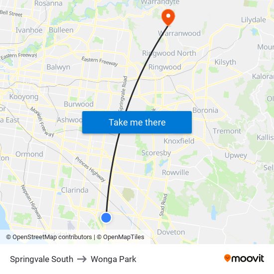 Springvale South to Wonga Park map