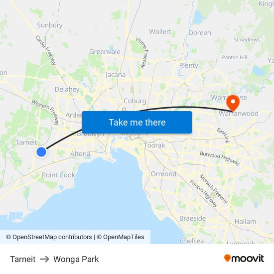 Tarneit to Wonga Park map