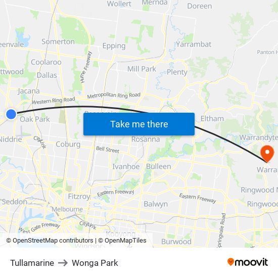 Tullamarine to Wonga Park map