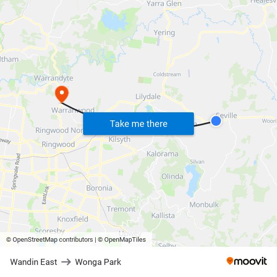 Wandin East to Wonga Park map