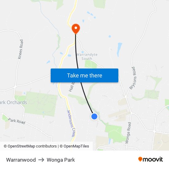 Warranwood to Wonga Park map