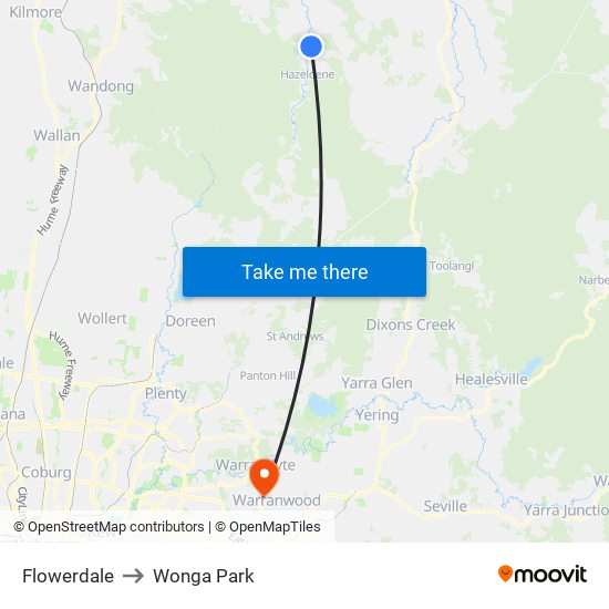 Flowerdale to Wonga Park map