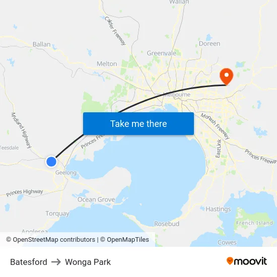 Batesford to Wonga Park map