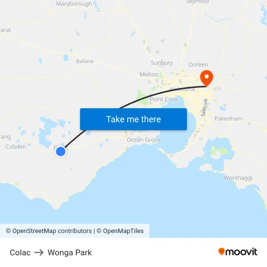 Colac to Wonga Park map