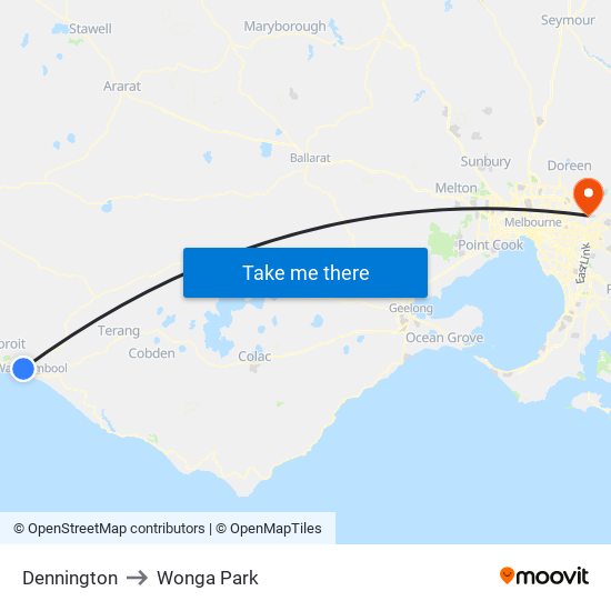 Dennington to Wonga Park map