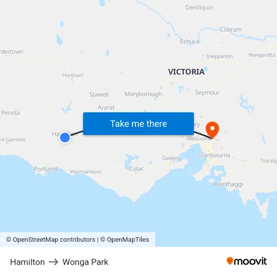 Hamilton to Wonga Park map