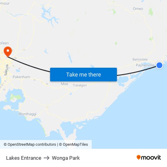 Lakes Entrance to Wonga Park map