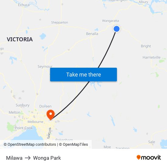 Milawa to Wonga Park map