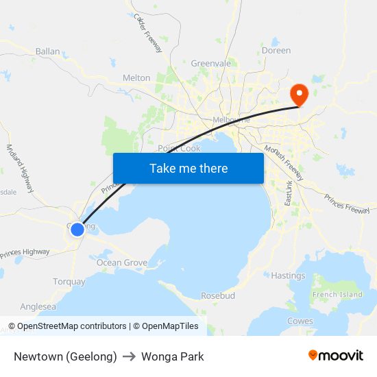 Newtown (Geelong) to Wonga Park map