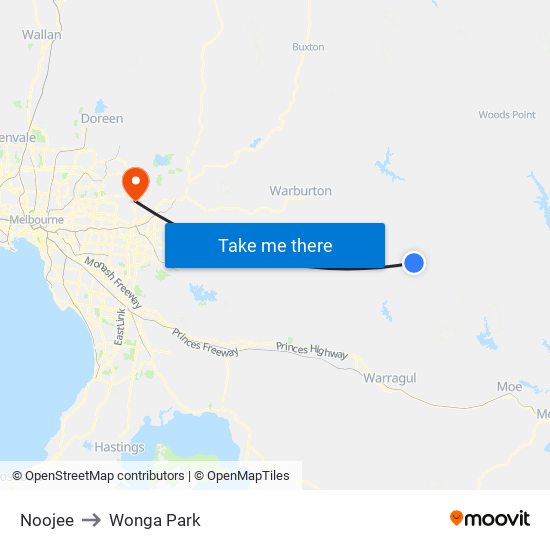 Noojee to Wonga Park map