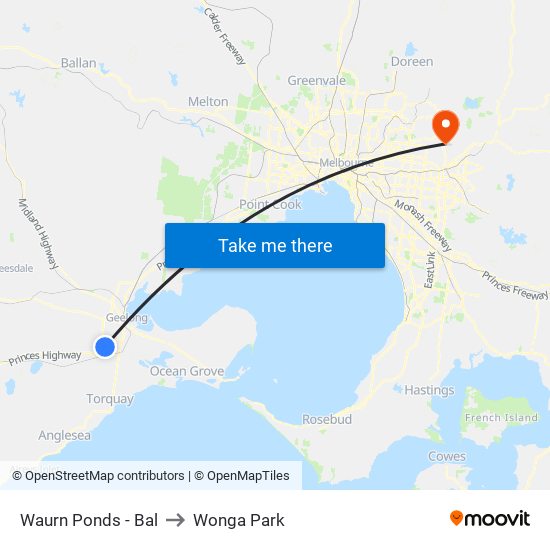 Waurn Ponds - Bal to Wonga Park map