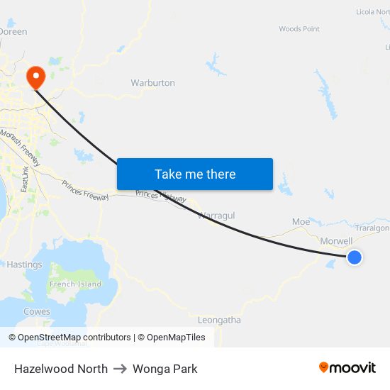 Hazelwood North to Wonga Park map