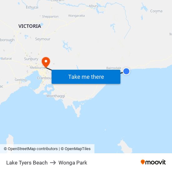 Lake Tyers Beach to Wonga Park map