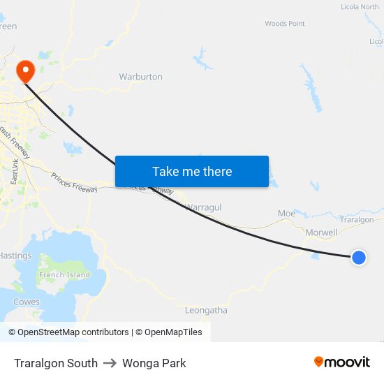 Traralgon South to Wonga Park map