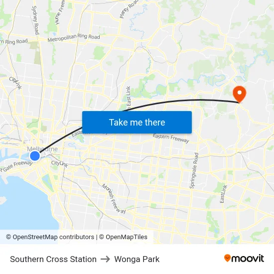 Southern Cross Station to Wonga Park map