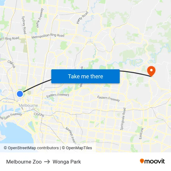 Melbourne Zoo to Wonga Park map