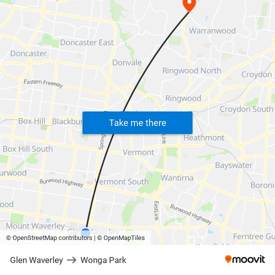 Glen Waverley to Wonga Park map