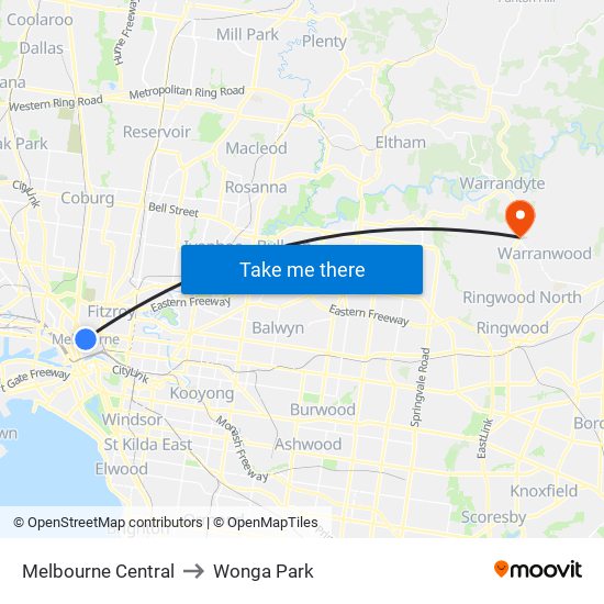 Melbourne Central to Wonga Park map