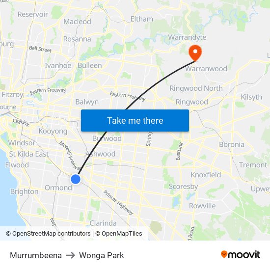 Murrumbeena to Wonga Park map