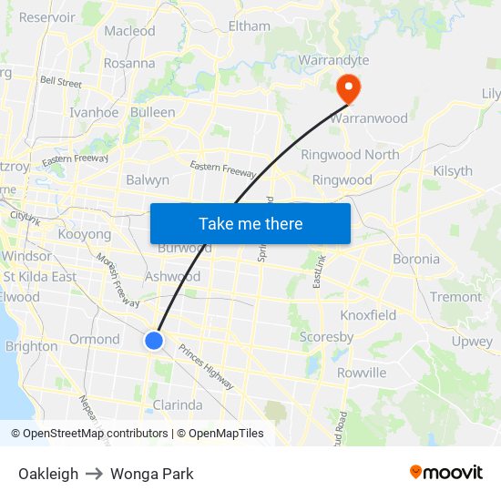 Oakleigh to Wonga Park map