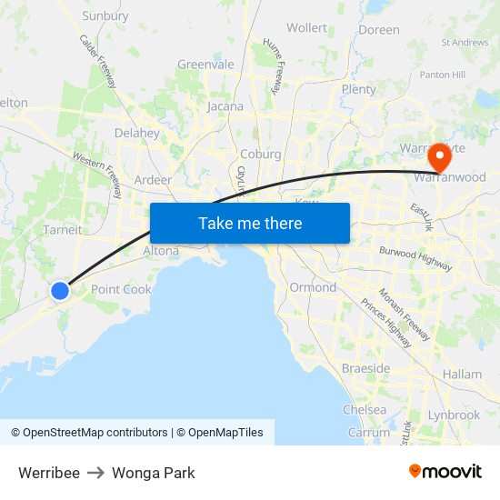 Werribee to Wonga Park map