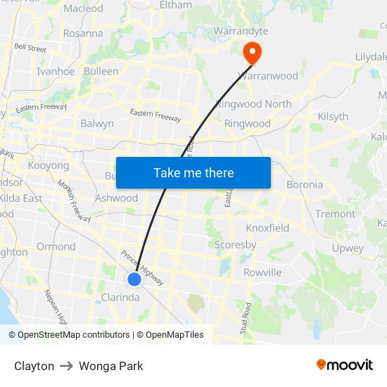 Clayton to Wonga Park map