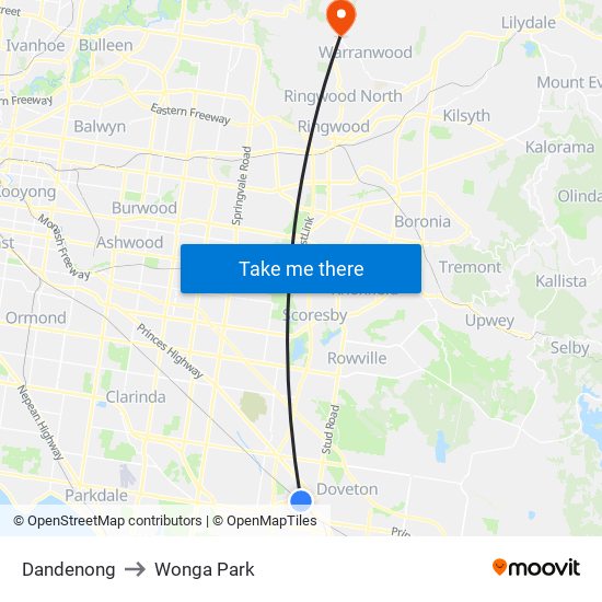 Dandenong to Wonga Park map