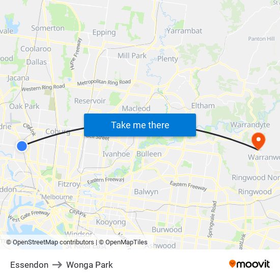 Essendon to Wonga Park map