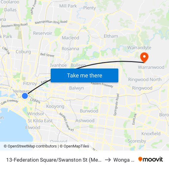 13-Federation Square/Swanston St (Melbourne City) to Wonga Park map