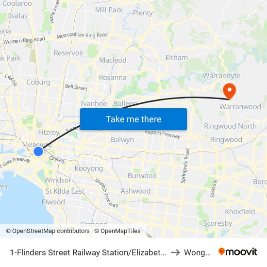 1-Flinders Street Railway Station/Elizabeth St (Melbourne City) to Wonga Park map